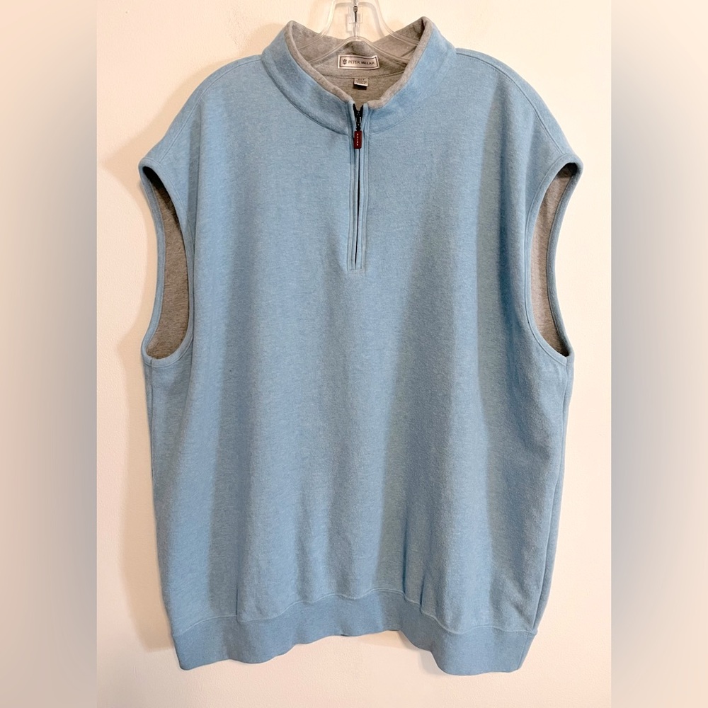 Peter Millar Cotton Fleece Vest. Quarter Zip, Mock Neck. Light Blue. Size 2XT